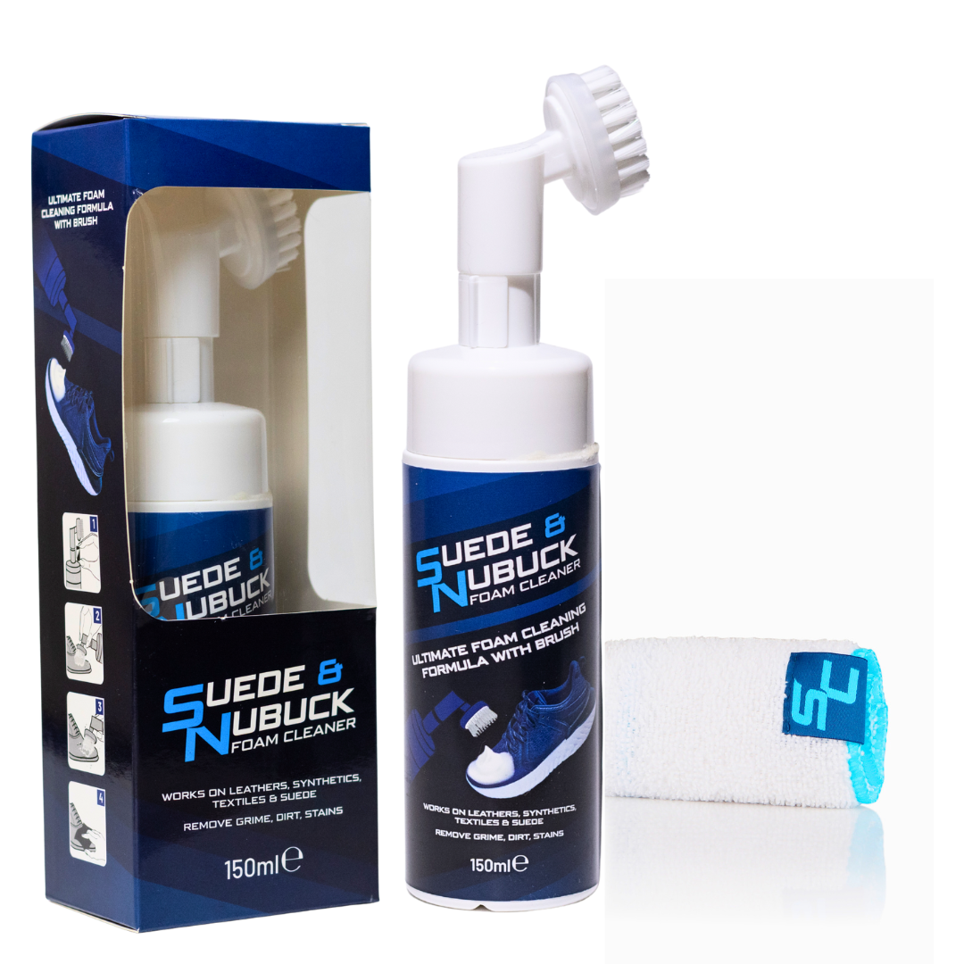 Suede & Nubuck Foam Cleaner Kit | Built-In Cleaning Brush + Microfibre Towel | Removes Dirt & Stains from Suede, Nubuck, Canvas & Leather Shoes | 150ml Premium Shoe Care Solution