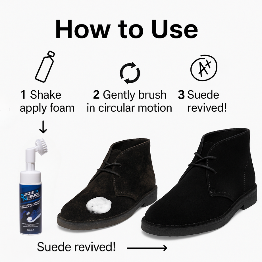 Suede & Nubuck Foam Cleaner Kit | Built-In Cleaning Brush + Microfibre Towel | Removes Dirt & Stains from Suede, Nubuck, Canvas & Leather Shoes | 150ml Premium Shoe Care Solution