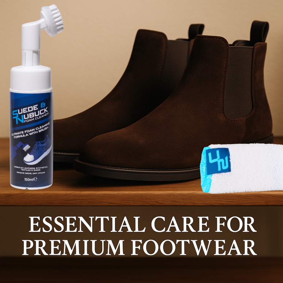 Suede & Nubuck Foam Cleaner Kit | Built-In Cleaning Brush + Microfibre Towel | Removes Dirt & Stains from Suede, Nubuck, Canvas & Leather Shoes | 150ml Premium Shoe Care Solution